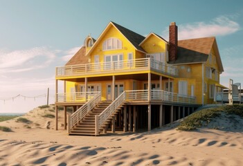 large wooden house with a front porch leading out to a beach, in the style of y2k aesthetic, 32k uhd, eye-catching, plaster, yellow and silver, solid and structured, groundcore . generative ai