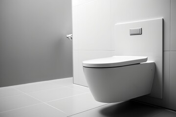Naklejka na ściany i meble An eye - level close - up of a sleek, modern toilet, emphasizing its minimalist design and smooth lines Generative AI