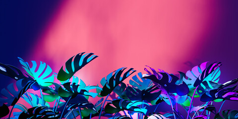 Tropical monstera leaves with neon light - 3D render
