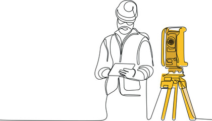 Close up of Caucasian worker with helmet on head using tablet for work while standing in warehouse. Surveyor with a tripod icon. Geodesic tripod. Vector illustration
