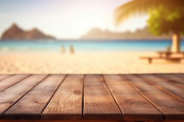 Obraz na płótnie Canvas A photo of an empty wooden table with a tiki beach bar blurred background Generative AI