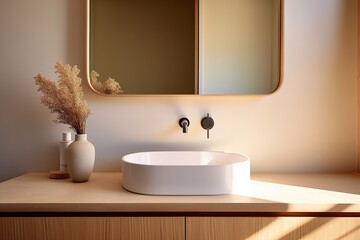 Naklejka na ściany i meble A minimalist bathroom close - up featuring a mirror with an illuminated frame Generative AI
