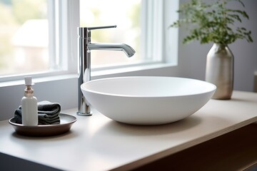 Naklejka na ściany i meble A detailed shot of a pristine white ceramic sink with a minimalist design Generative AI