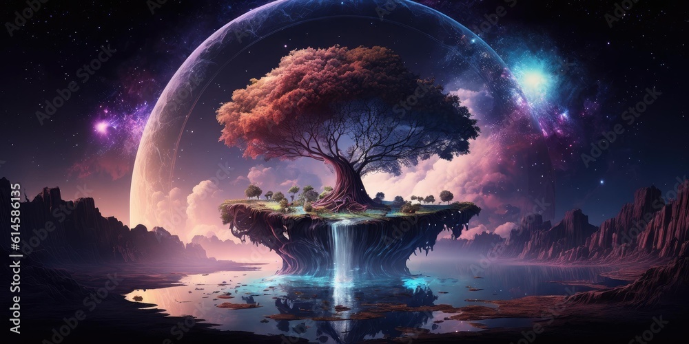 Wall mural fantasy fairytale sphere island floating in universe of night sky. superlative generative ai image.