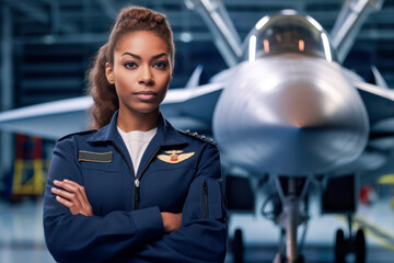 Military fighter jet woman pilot portrait, African American. Generative AI - obrazy, fototapety, plakaty