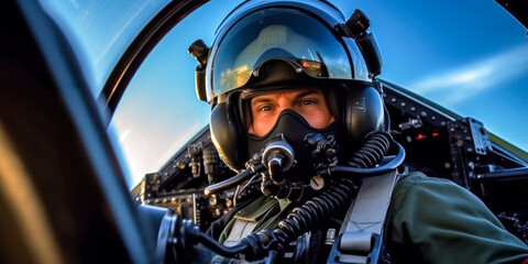 Military jet pilot in cockpit. Generative AI - obrazy, fototapety, plakaty