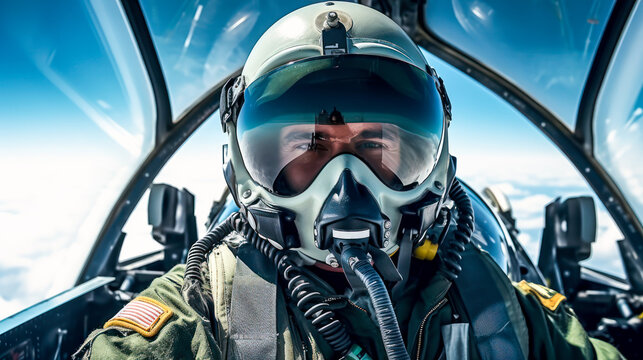 Military jet pilot in cockpit. Generative AI