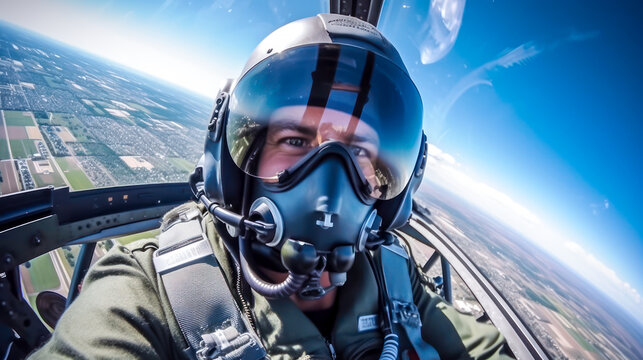 Military jet pilot in cockpit. Generative AI