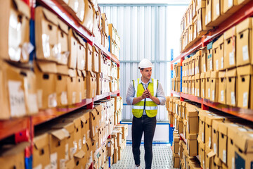 Portrait engineer worker labor man shipping order detail check goods and supplies on shelves with goods background inventory in factory warehouse.logistic industry and business export