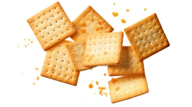 Flying delicious crackers isolated on white background.