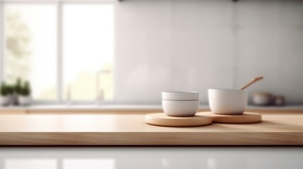 Fototapeta na wymiar Minimal cozy counter mockup design for product presentation background. Bright wood kitchen counter with white bowls. Kitchen interior blurred background.