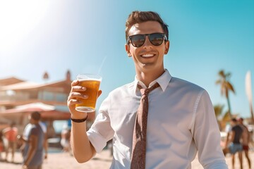 Fototapeta premium ビーチでビールを飲む男性 with generative ai 