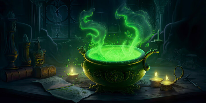 Halloween magical witches green bubbling cauldron with fog and mist floating around it with copy space created with Generative AI technology