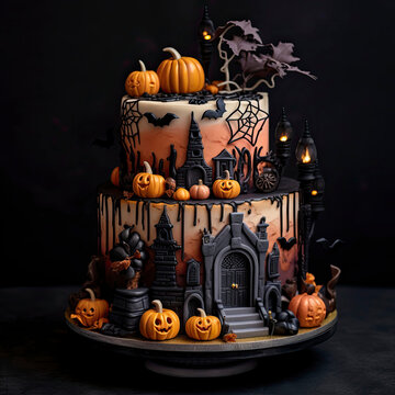 Halloween decorated cake with fondant and icing decorations of haunted house and pumpkins with orange icing created with Generative AI technology