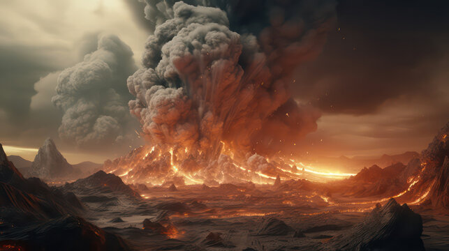 A horrifying scene of a super volcano eruption that has filled the sky with ash and smoke. Lava streams and pyroclastic blasts are wiping out everything in their way AI Generative