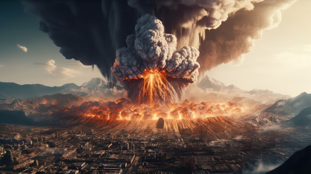 A terrifying scene of a super volcano eruption that has engulfed the sky with ash and smoke. Lava flows and pyroclastic surges are destroying everything in their path AI Generative