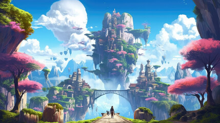 Fantasy landscape in a colorful anime style