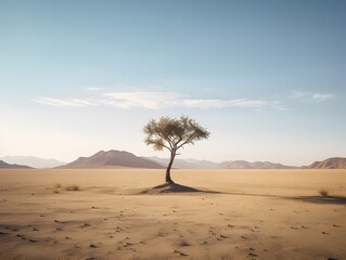 a lone tree rising tall amid a huge desert, its silhouette. Generative AI