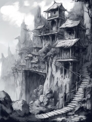 Concept drawing of an anime fantasy city in black and white