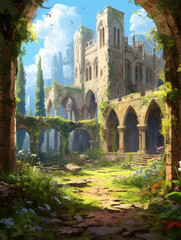 Naklejka premium Ruined castle in anime and colorful style