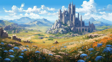 Fantasy landscape in a colorful anime style