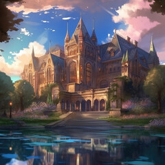 View of a large palace in anime style