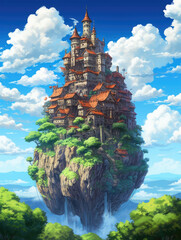 Floating fantasy city in anime-style landscape