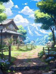 Anime-style country scenery view