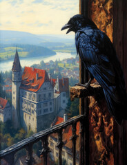 Crow perched in a window and a medieval landscape in the background