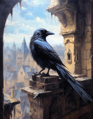 Crow perched in a window and a medieval landscape in the background