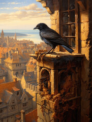 Crow perched in a window and a medieval landscape in the background