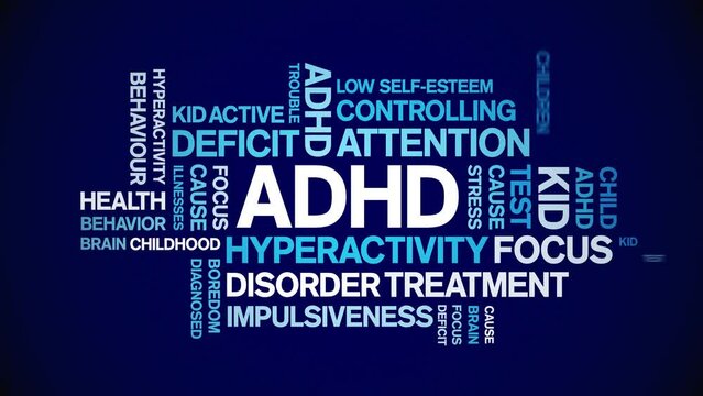 ADHD animated tag word cloud;Attention Deficit Hyperactivity Disorder design kinetic typography seamless loop.