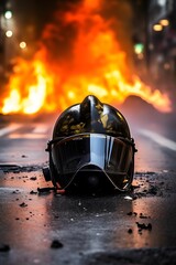 An image of a firefighter s helmet on concrete with a burning city in the background. Generative AI