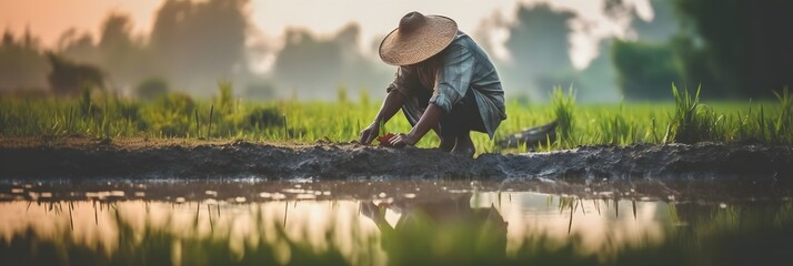 An Indonesian farmer may be seen working attentively in a peaceful rice field in the back. Generative AI