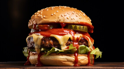 delicious spicy burger black background