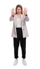 Full length portrait of beautiful businesswoman on white background