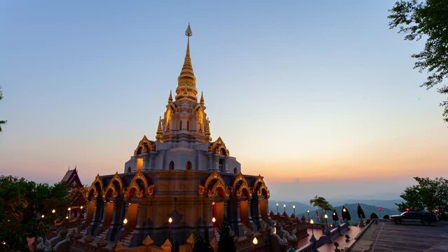 .Timelapse scenery sunrise in front of pagoda at Wat Santikhiri Temple in Mae Salong, northern Thailand. .Srinakarin Sathit Maha Santi Khiri Pagoda at Doi Mae Salong Chiang Rai Thailand..