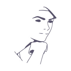 Young woman face half turn view. Elegant silhouette of a female head. Woman of middle age keeps hand under chin looks away with dreamy expression