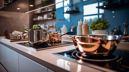 modern kitchen with cooking ware