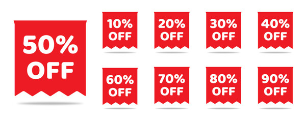 Discount sale off tag, 50, 20, 10, 40, 30, 60, 70, 80, 90 percent. Set sale offer emblem, badge price discount number. Flat offer stamp, sticker clearance sale. Finance product emblem. Vector