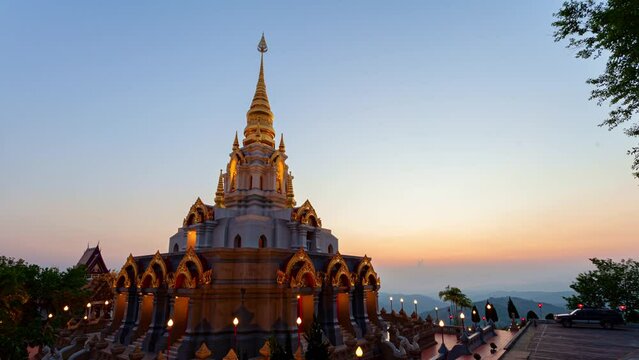 .Timelapse scenery sunrise in front of pagoda at Wat Santikhiri Temple in Mae Salong, northern Thailand. .Srinakarin Sathit Maha Santi Khiri Pagoda at Doi Mae Salong Chiang Rai Thailand..