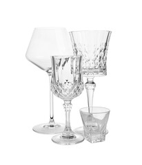 Different elegant empty wine and shot glasses isolated on white