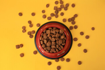 Dry dog food and feeding bowl on orange background, flat lay