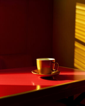 A yellow coffee cup on red table in warm afternoon light. Created with Generative AI