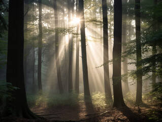 Mystical foggy forest with rays of sunlight filtering through the trees.