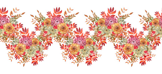 Seamless rim with watercolor autumn bouquet flower of chrysanthemums and leaves and berries isolated on white background. Hand-drawn plant for wedding celebration. Border for wallpaper or wrapping