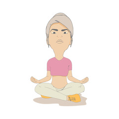 Young girl sitting in yoga lotus pose. Happy relaxed female character performing meditation exercise. Sport fashion girl outline in urban casual style.