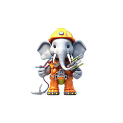 Electrician Elephant is a strong elephant wearing a tool belt and holding electrical wires.
