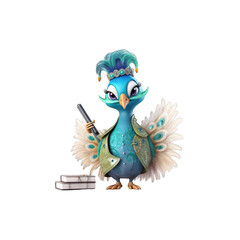 Fashion Designer Peacock is a stylish peacock wearing fashionable clothing.