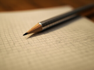 A close-up shot of a pencil writing on a blank notebook page.